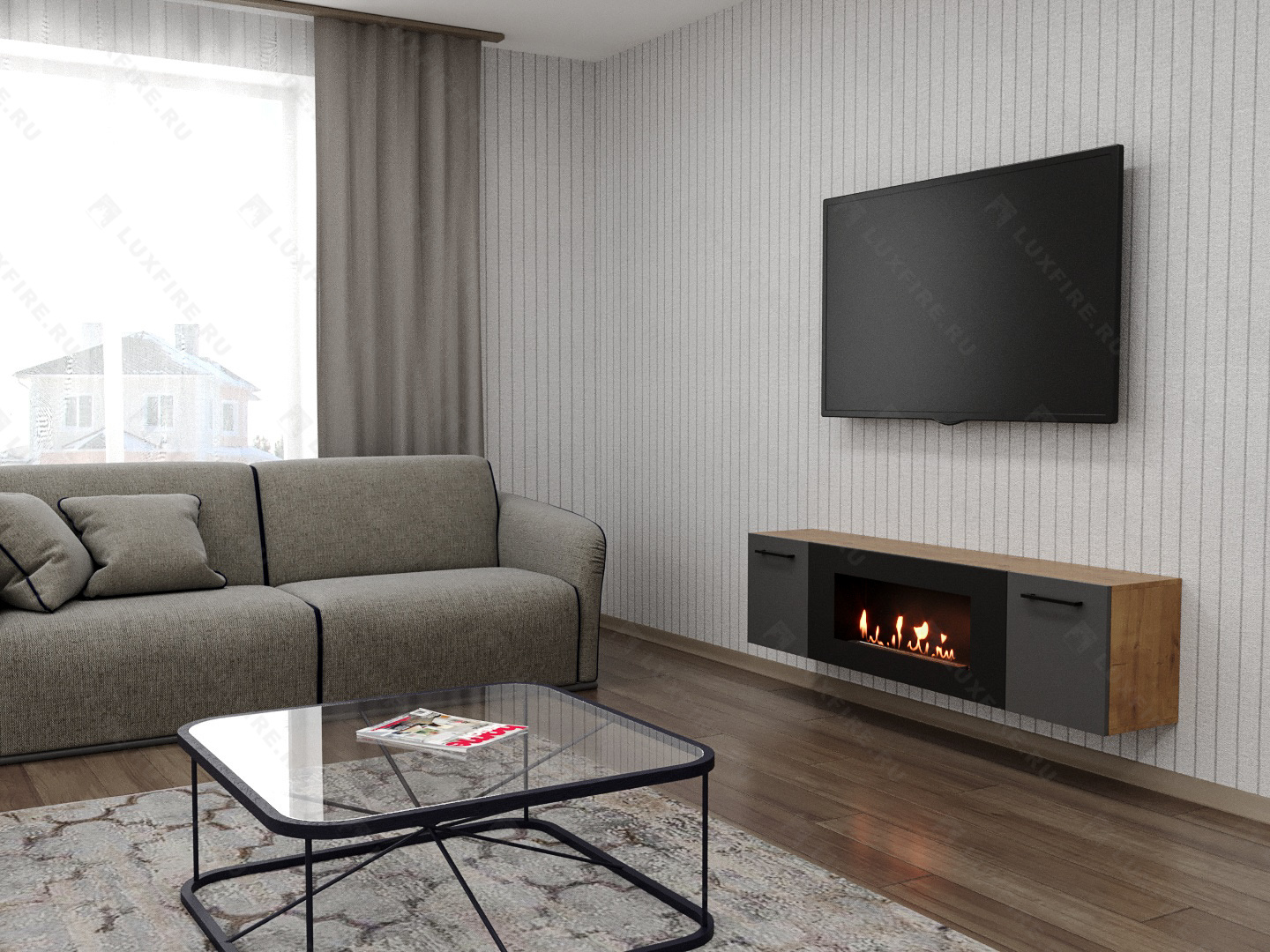 Тумба универсальная Lux Fire "Байкал Р" с ножками 1600, дуб вотан/графит матовый с биокамином 900 по цене 72 954 руб.